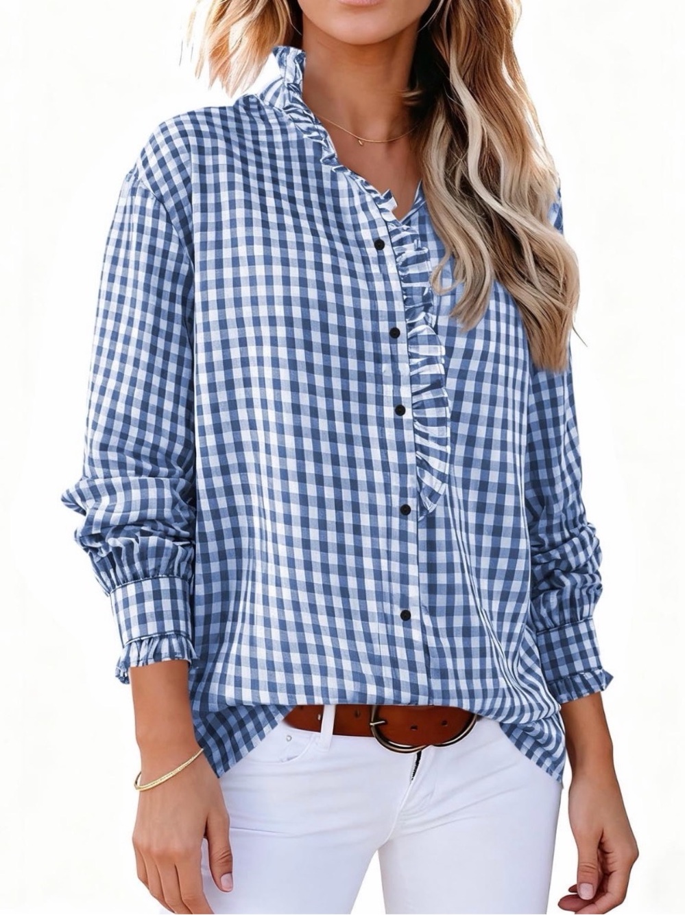 Ruffled Collared Blue Gingham Button-Down Womens Top Sz S